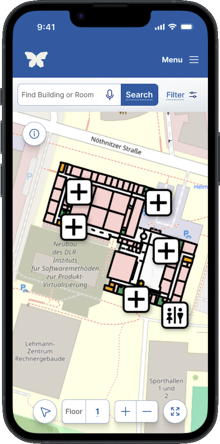 Screenshot von "a11y maps" auf einem Smartphone. Die App zeigt eine Karte mit einem Gebäudeplan. Darauf sind mehrere Plus-Symbole und ein Toiletten-Symbol platziert. Unten gibt es Schaltflächen zum Zoomen und Wählen der Etage. Oben gibt es eine Suchleiste und eine Menüschaltfläche.