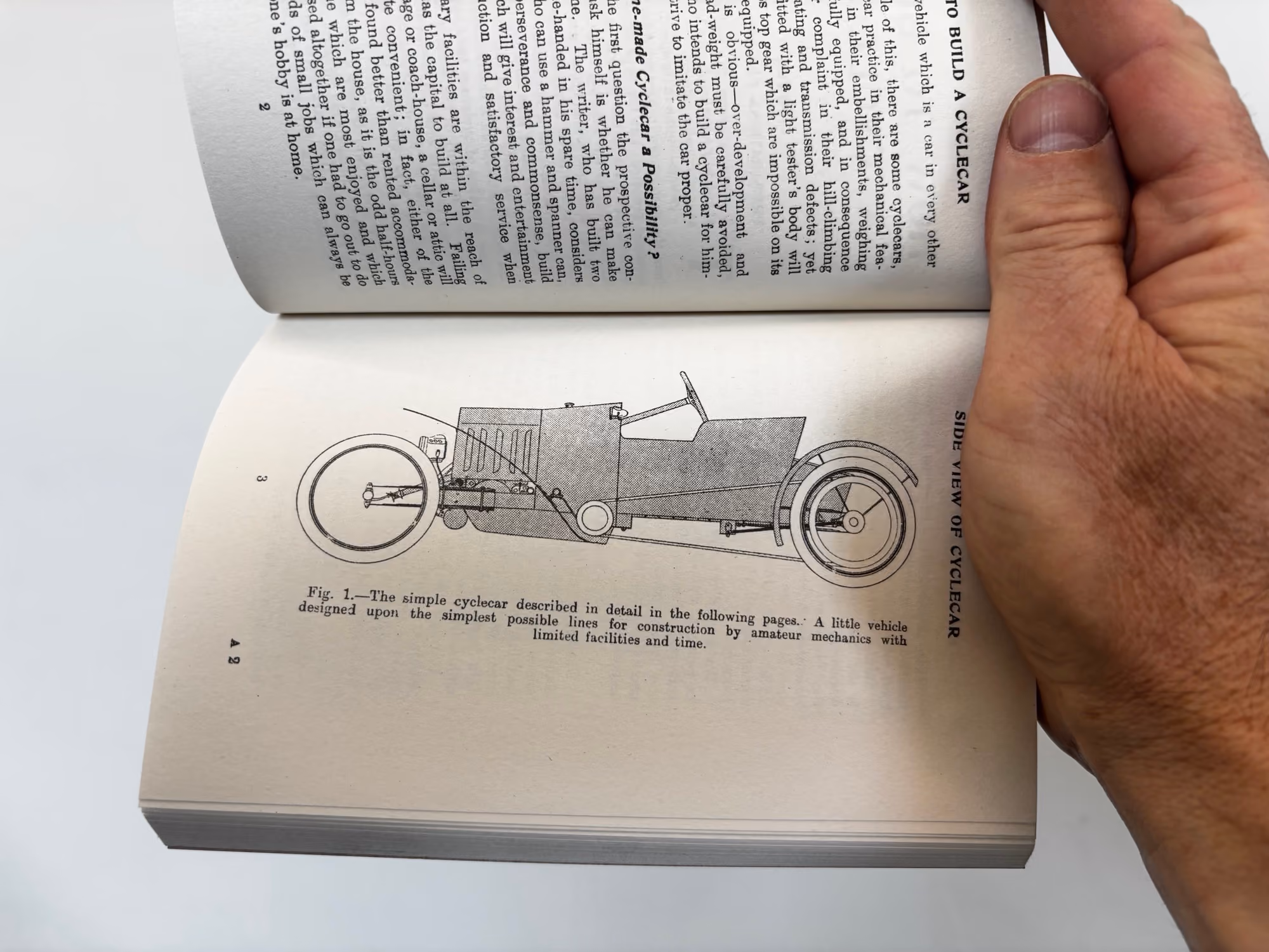 page from the book How to Build a Cyclecar showing line drawing of a cycle car