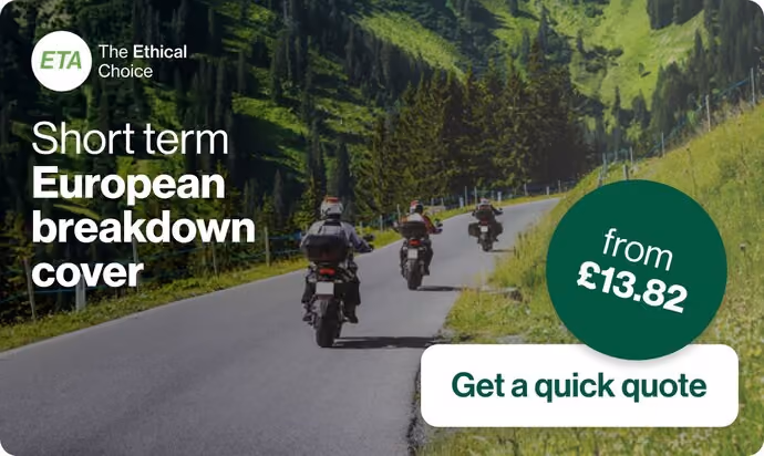 three motorcycles being ridden in alpine surroundings. text advertises ETA short-term euro breakdown cover 