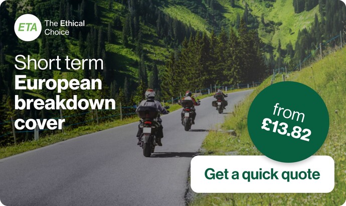 three motorcycles being ridden in alpine surroundings. text advertises ETA short-term euro breakdown cover
