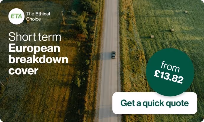 ad for ETA short-term European breakdown cover showing aerial shot of car driving in French countryside