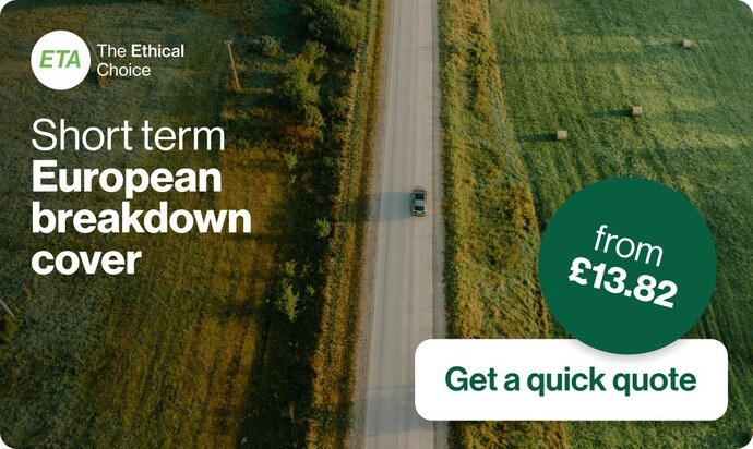 ad for ETA short-term European breakdown cover showing aerial shot of car driving in French countryside
