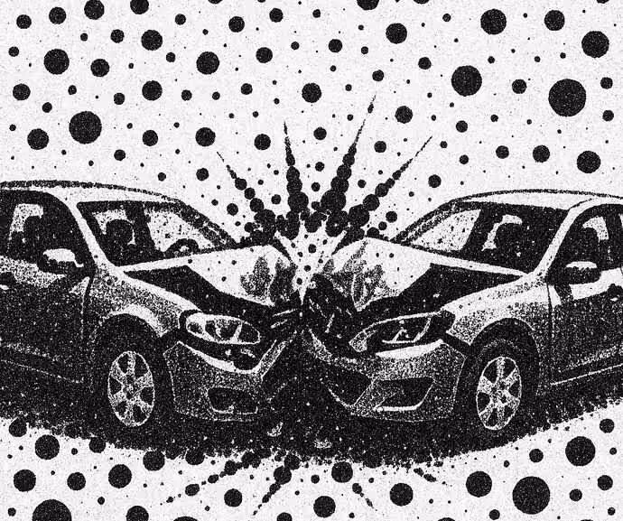collision between two cars depicted using pointillism art technique