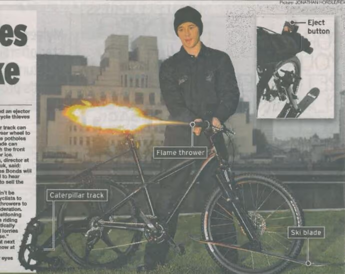 Newspaper coverage of our BOND bike launch with MI6 building in the background