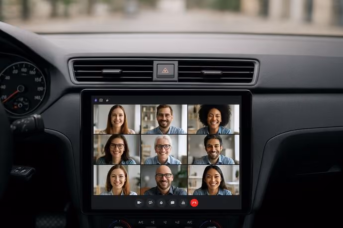 car dashboard showing video conference in progress