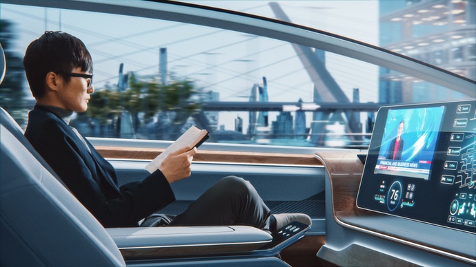 man in driverless car with futuristic streetscape