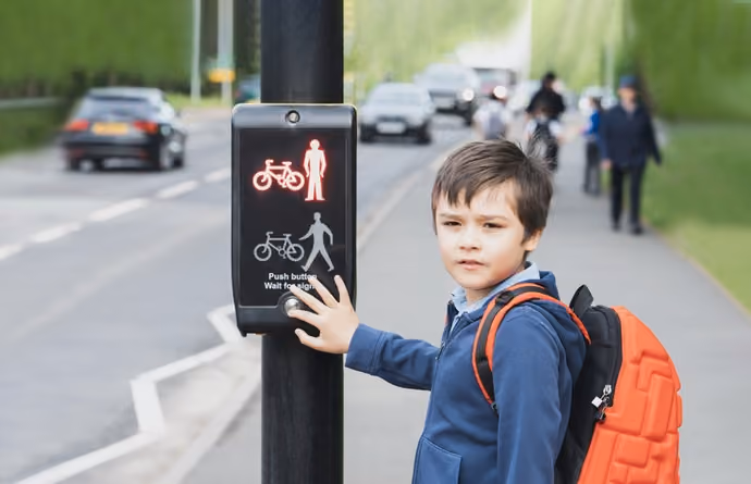 young child standing beside pedestrian crossing