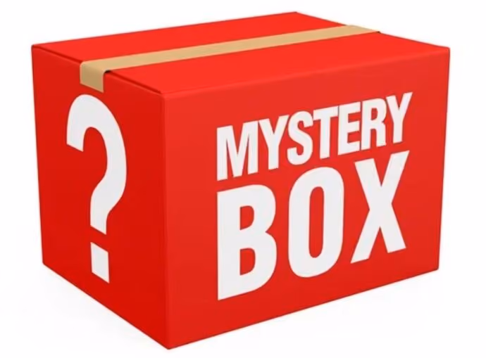 red box with the words "mystery box" emblazoned on its side