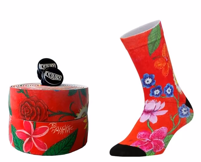 roll of handlebar tape and pair of cycling socks in the aloha design by Cycology
