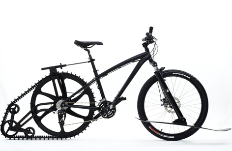 side view of the ETA's BOND bike – a custom creation featuring a caterpillar track, ejector seat and flamethrower