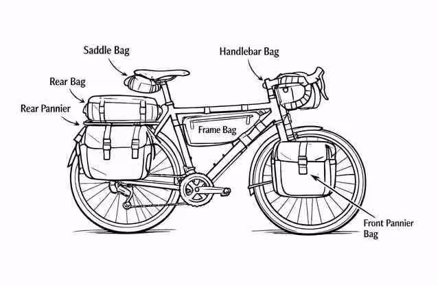 diagram showing location of bicycle rear pannier, rear bag, saddle bag, frame bag, handlebar bag and front pannier