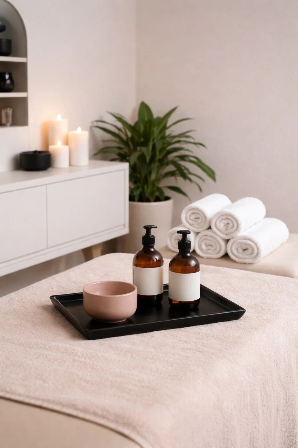 Vorbereitete Massageliege mit Handtüchern und Massageölen bei heal in