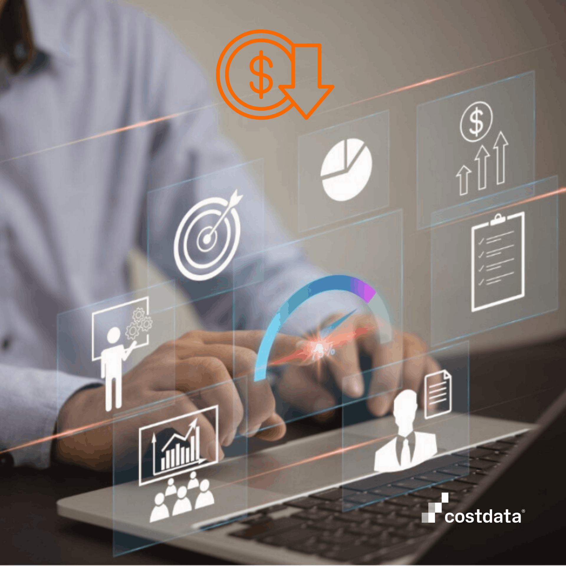 Man typing on laptop, widgets for reducing product costs without compromising quality, raw material and market price data, and costdata® logo visible