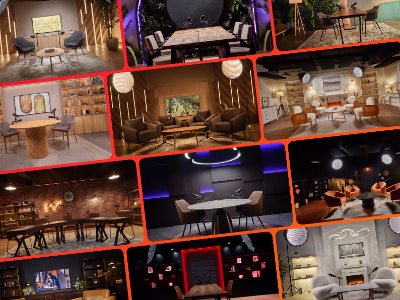Poddster podcast studio set with brick walls