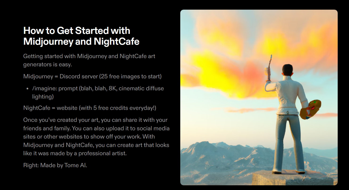 Screenshot of a slide titled, "How to get started with Midjourney and NightCafe," with details for each. On the right-hand side of the slide is an image of a person painting a sky, which was generated by Tome AI.