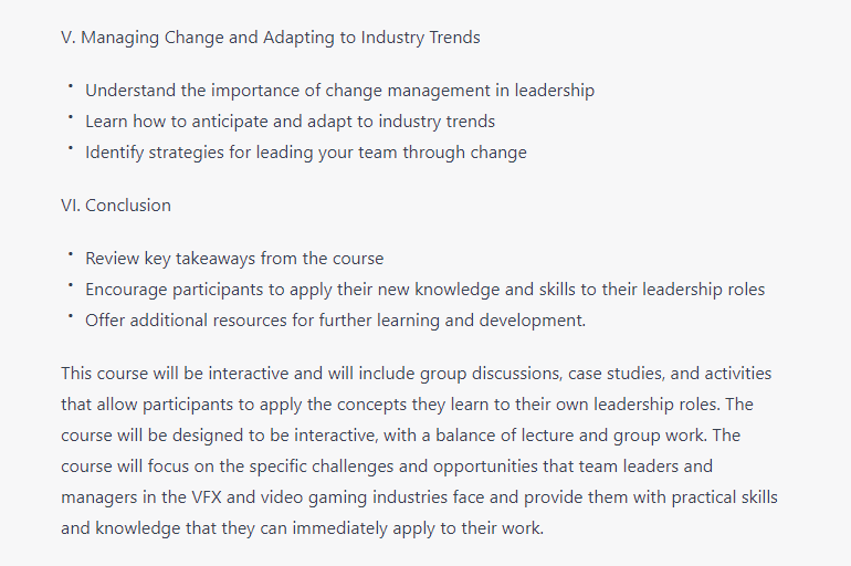 An example of a ChatGPT generated course outline for a course on Leadership. (continued from the first screenshot above)