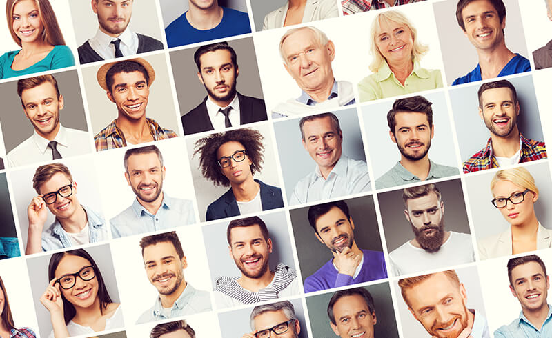 A grid of headshots featuring people of different ages, genders, and ethnicities.