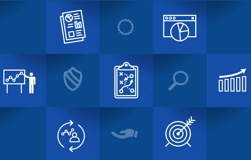 Icons against a blue-checkered background. The icons show representations of data (charts, graphs); an arrow in a target; a strategic plan.