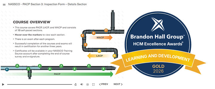 The image shows the Brandon Hall Group HCM Excellence Award Badge for 2026 Learning and Development Gold. In the background the NASSCO Course "PACP Section 3 Course Overview" title screen is displayed on the right side, and the left side shows the course interface and menu.
