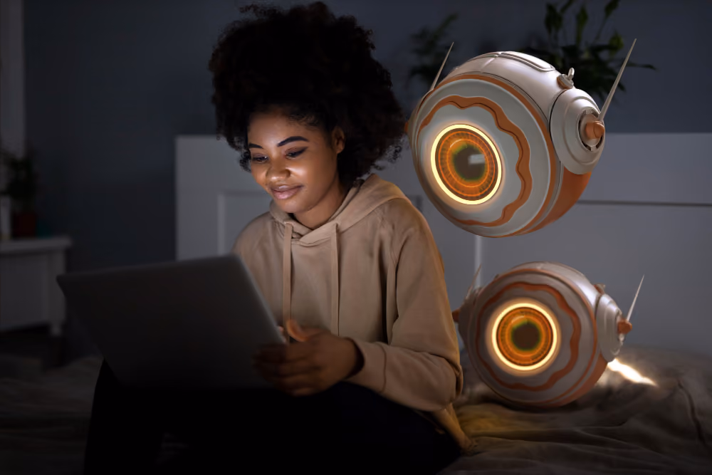 student using a laptop with ai bots behind her - How Can AI Help Students