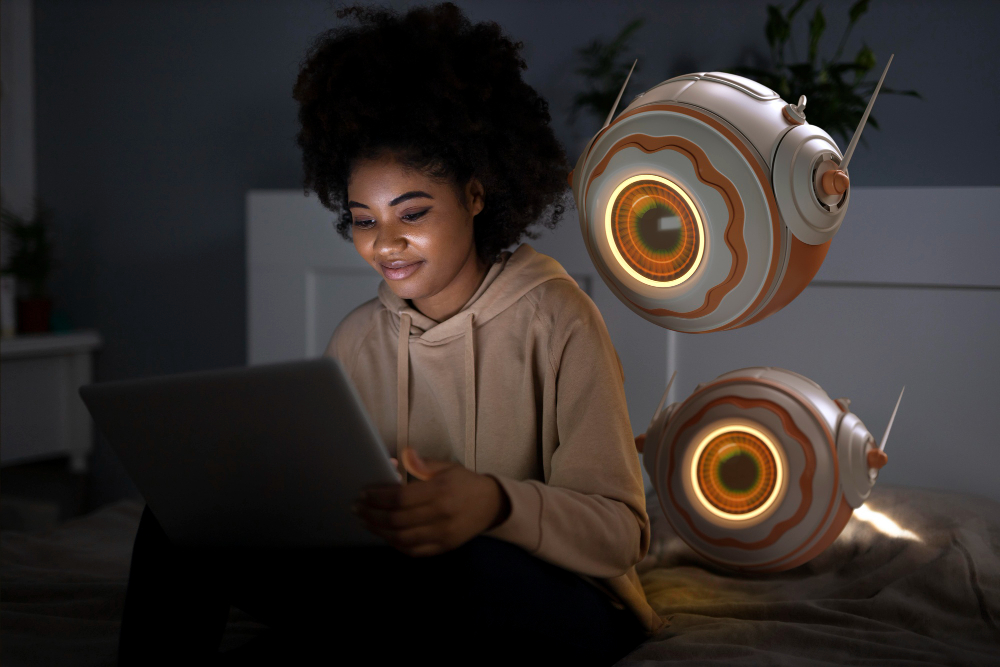 student using a laptop with ai bots behind her - How Can AI Help Students