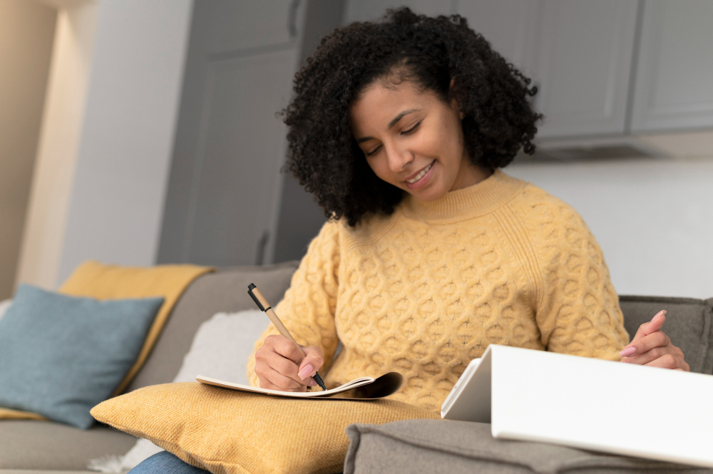 woman in a yellow outfit writing - Writing Prompts for Students