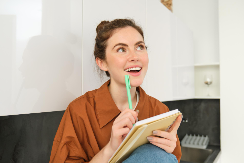 woman thinking and looking happy - Steps to Writing an Essay