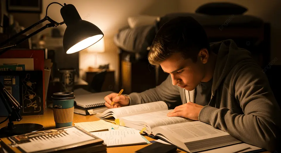 Young Man Studying Late At Night - Best Light Color for Studying