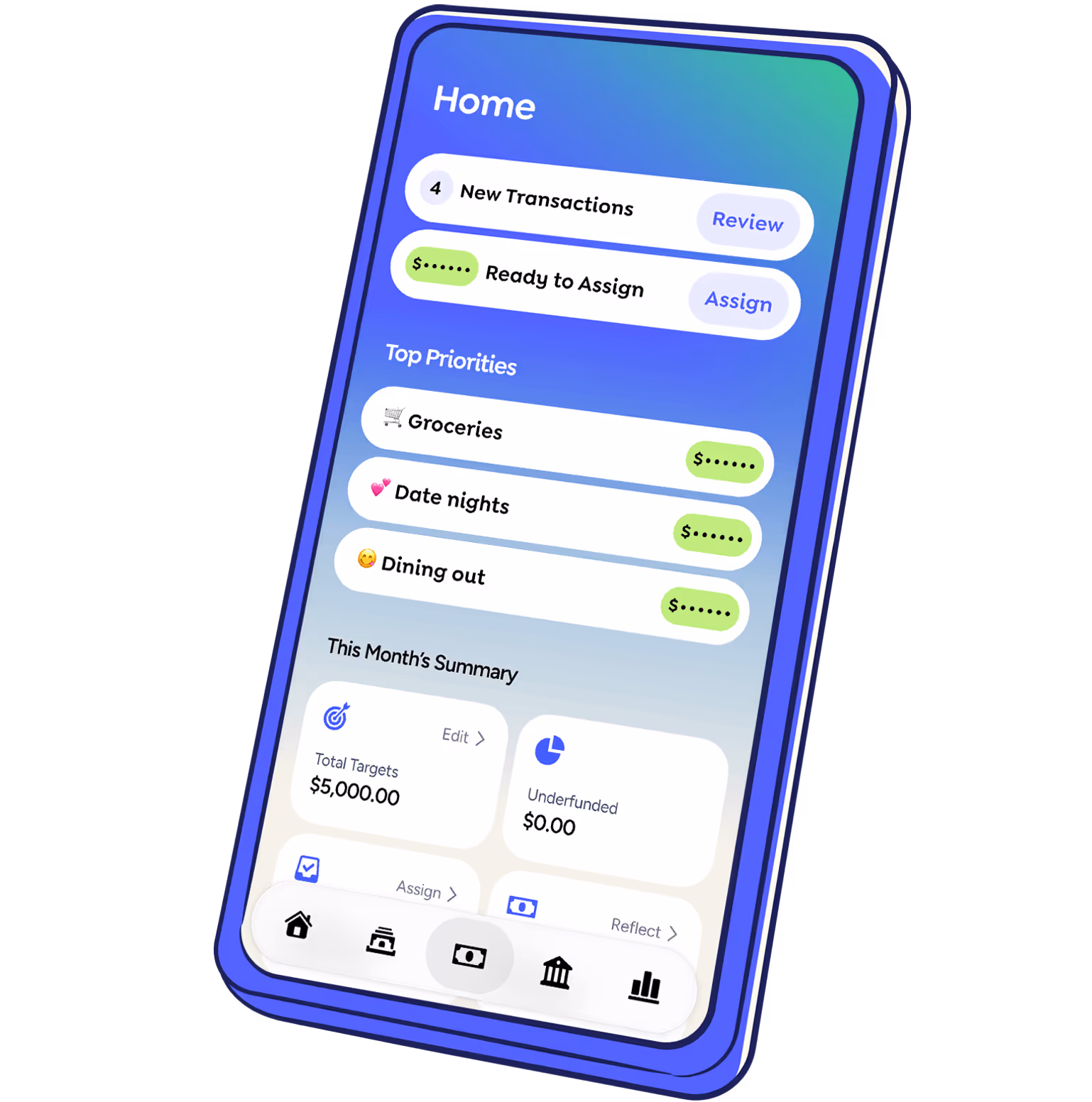 An illustrated version of the YNAB app on a mobile device