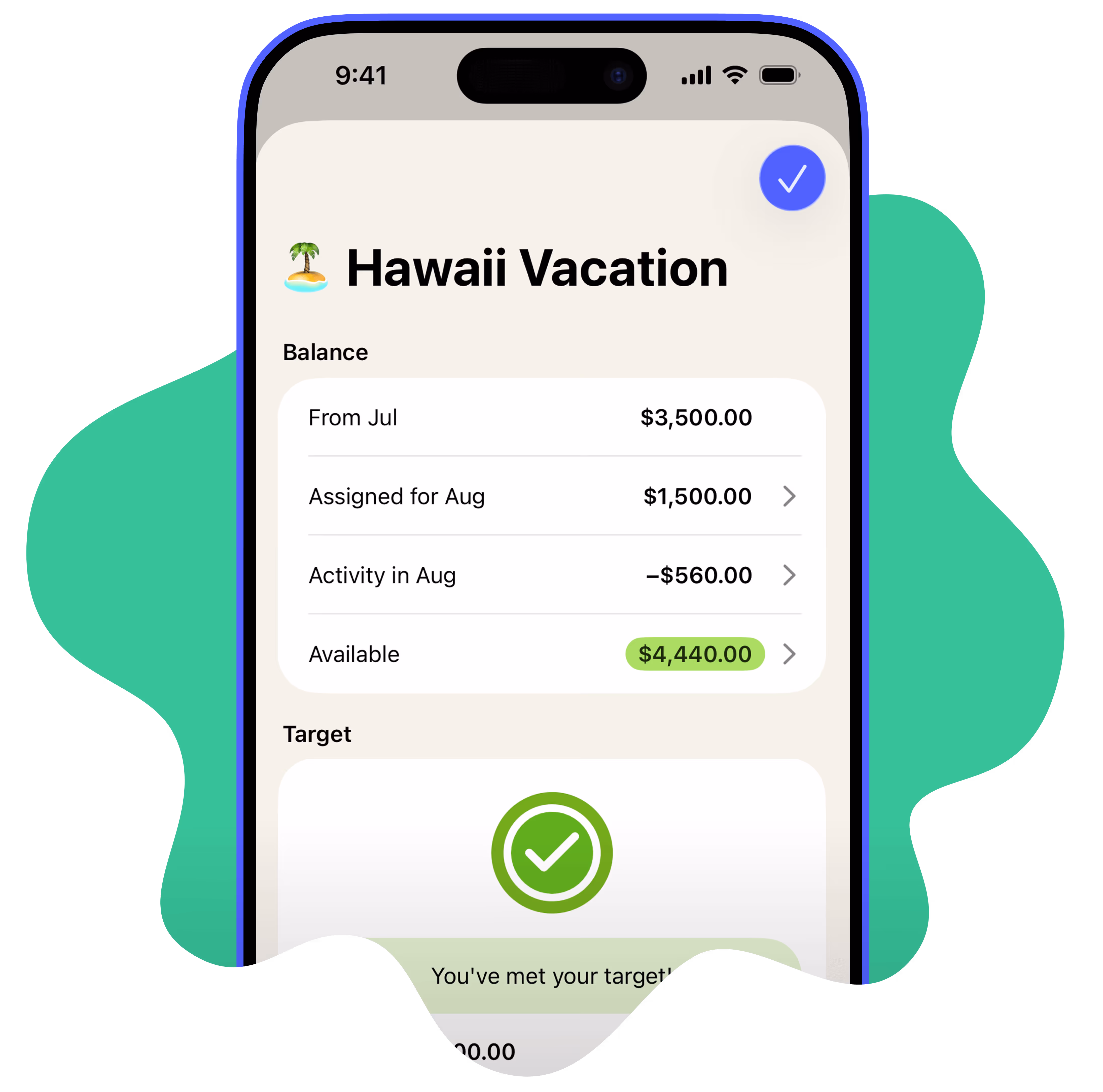 The target screen in the YNAB app showing savings for a trip to Hawaii