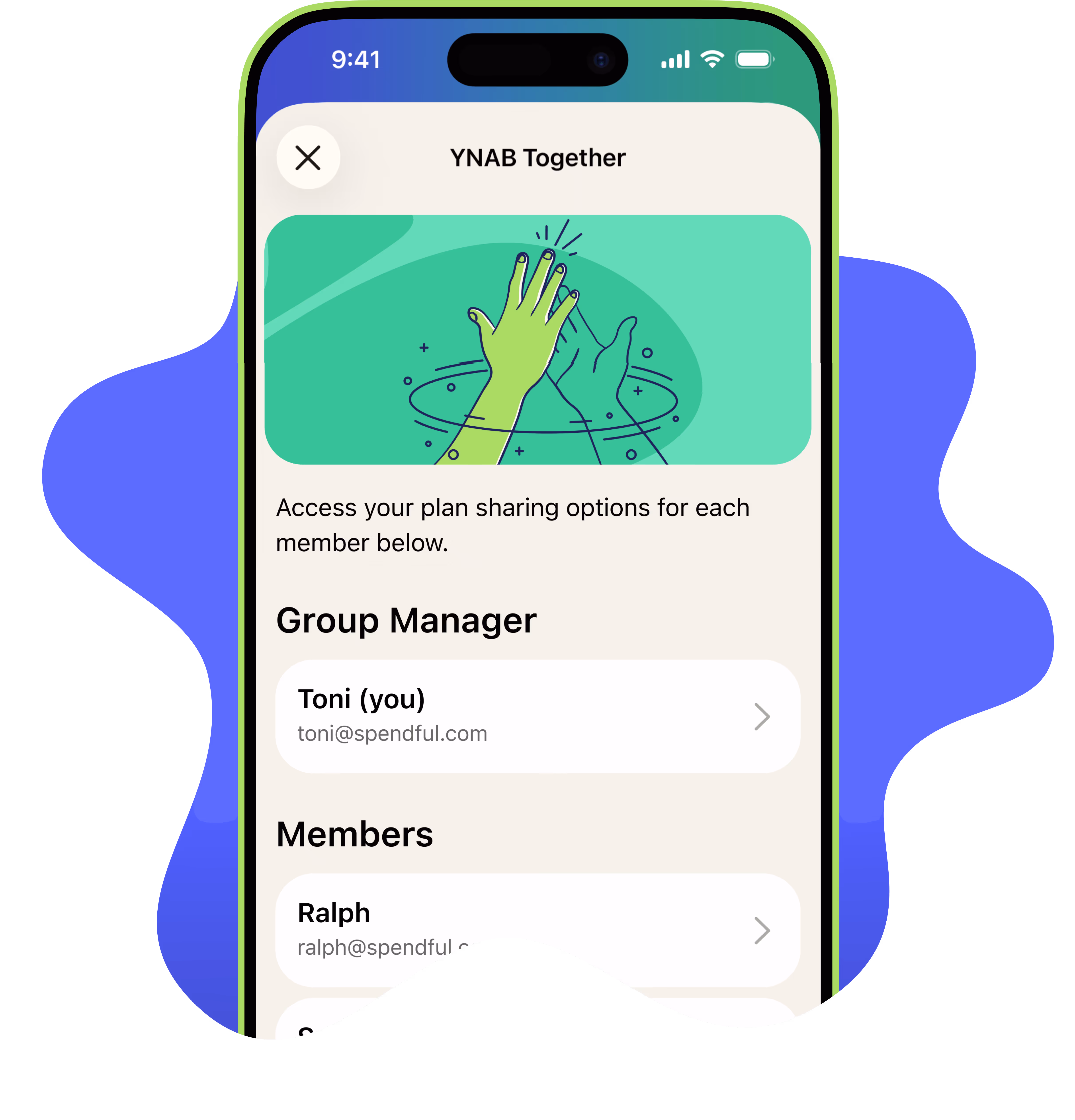 The YNAB Together Group Manager screen in the YNAB app