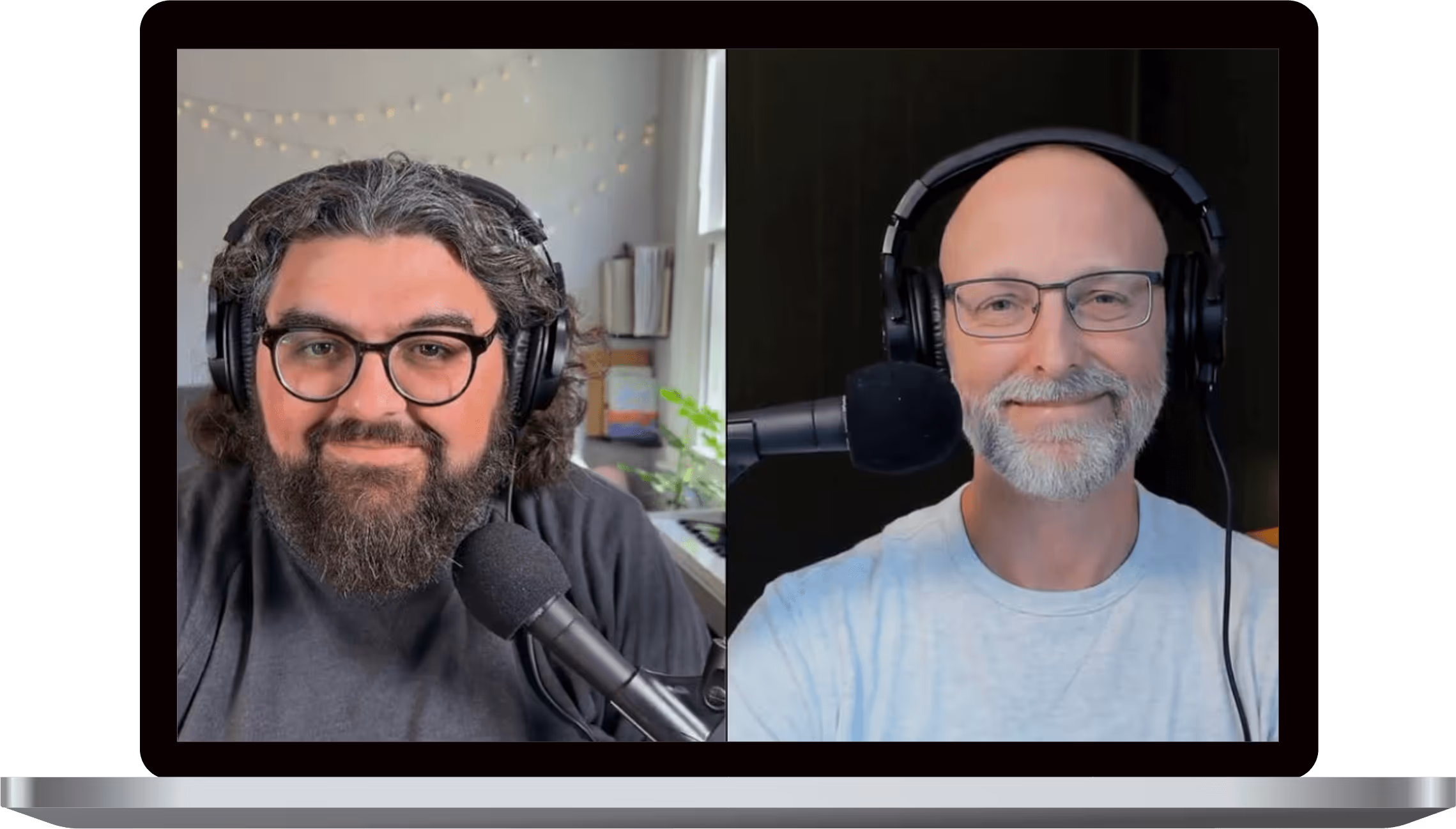 Two men wearing headphones speaking into microphones during a video call on a laptop screen.