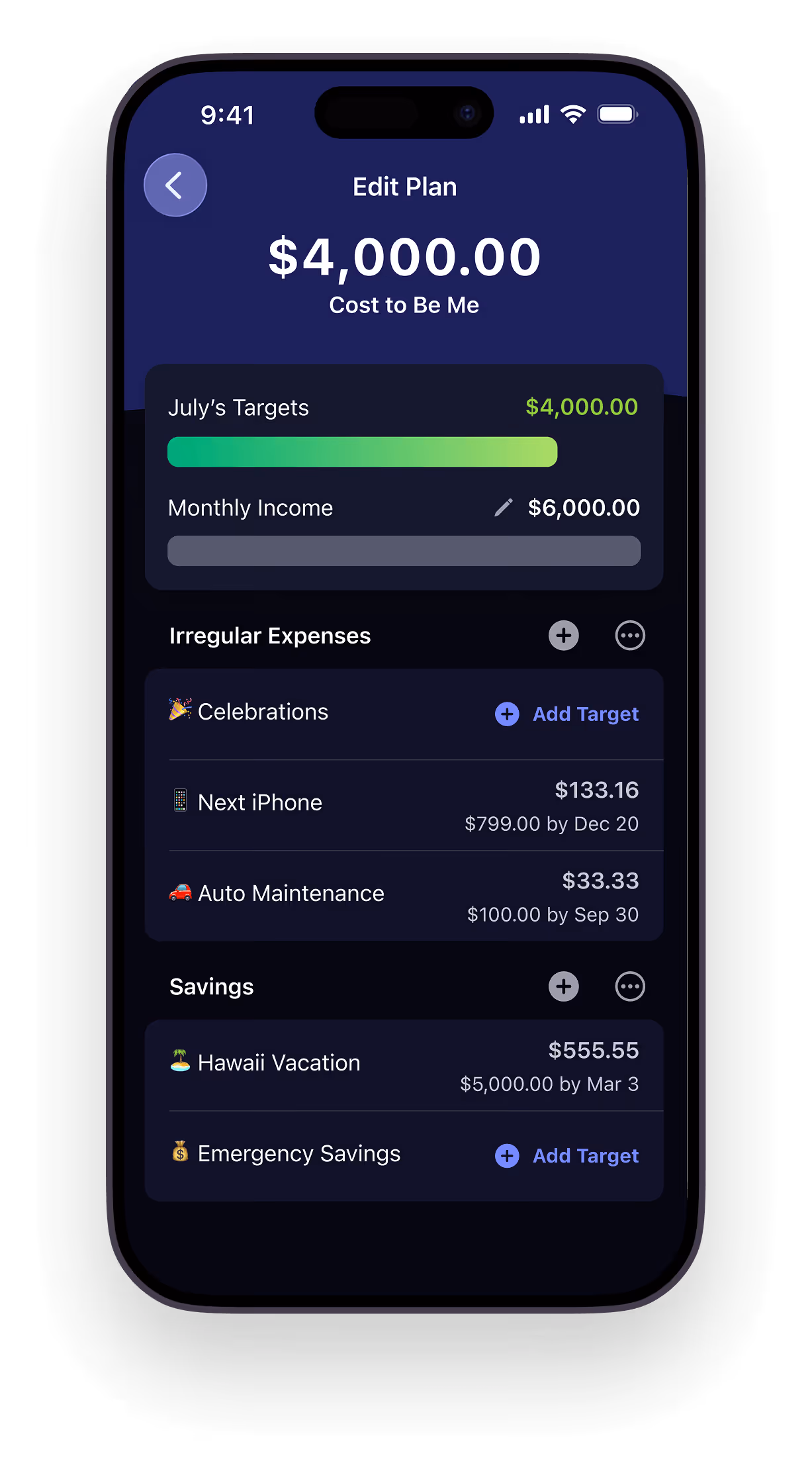 Mobile screen showing a YNAB plan with $4,000 targets, expenses, and savings goals including Hawaii vacation.