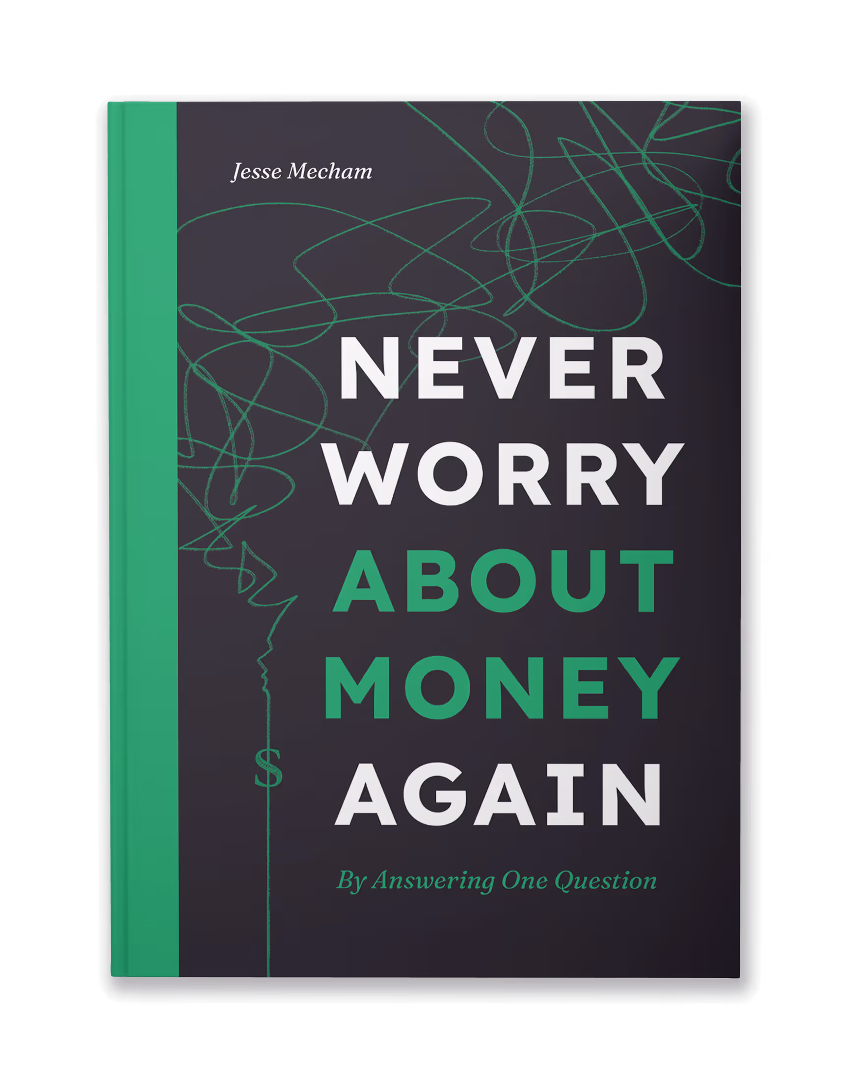 Book cover with the title Never Worry About Money Again by Jesse Mecham on a black and green background.