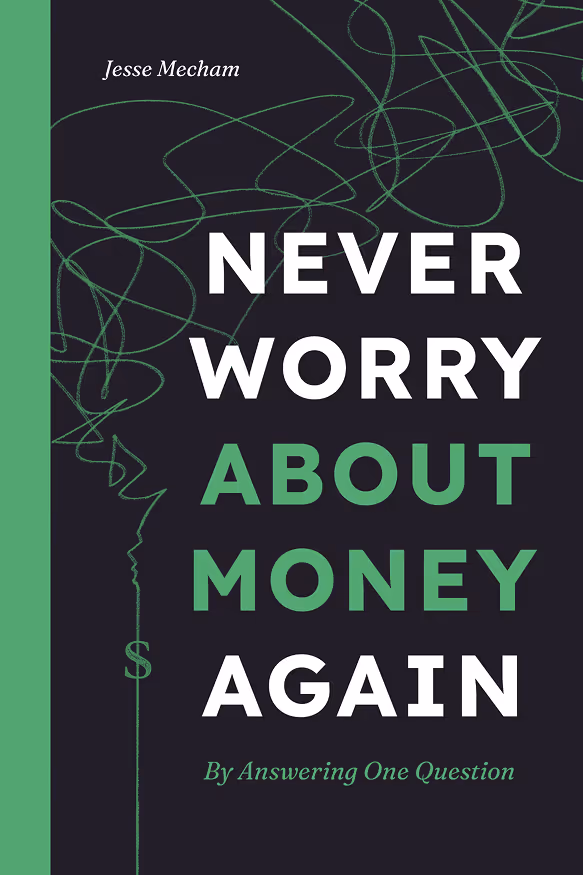 Book cover with the title Never Worry About Money Again by Jesse Mecham on a black and green background.