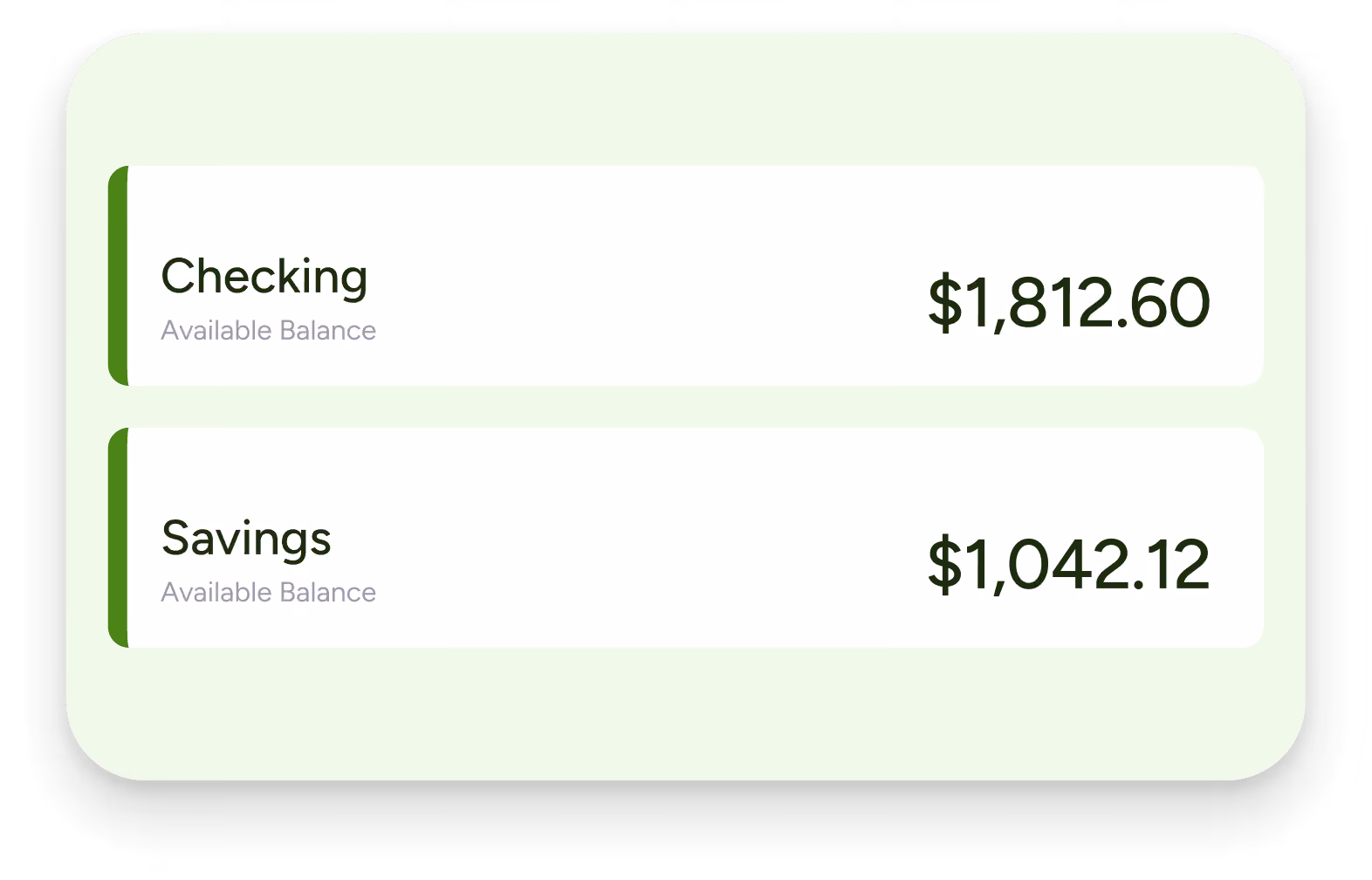 Digital banking interface showing available balances: Checking account with $1,812.60 and Savings account with $1,042.12.