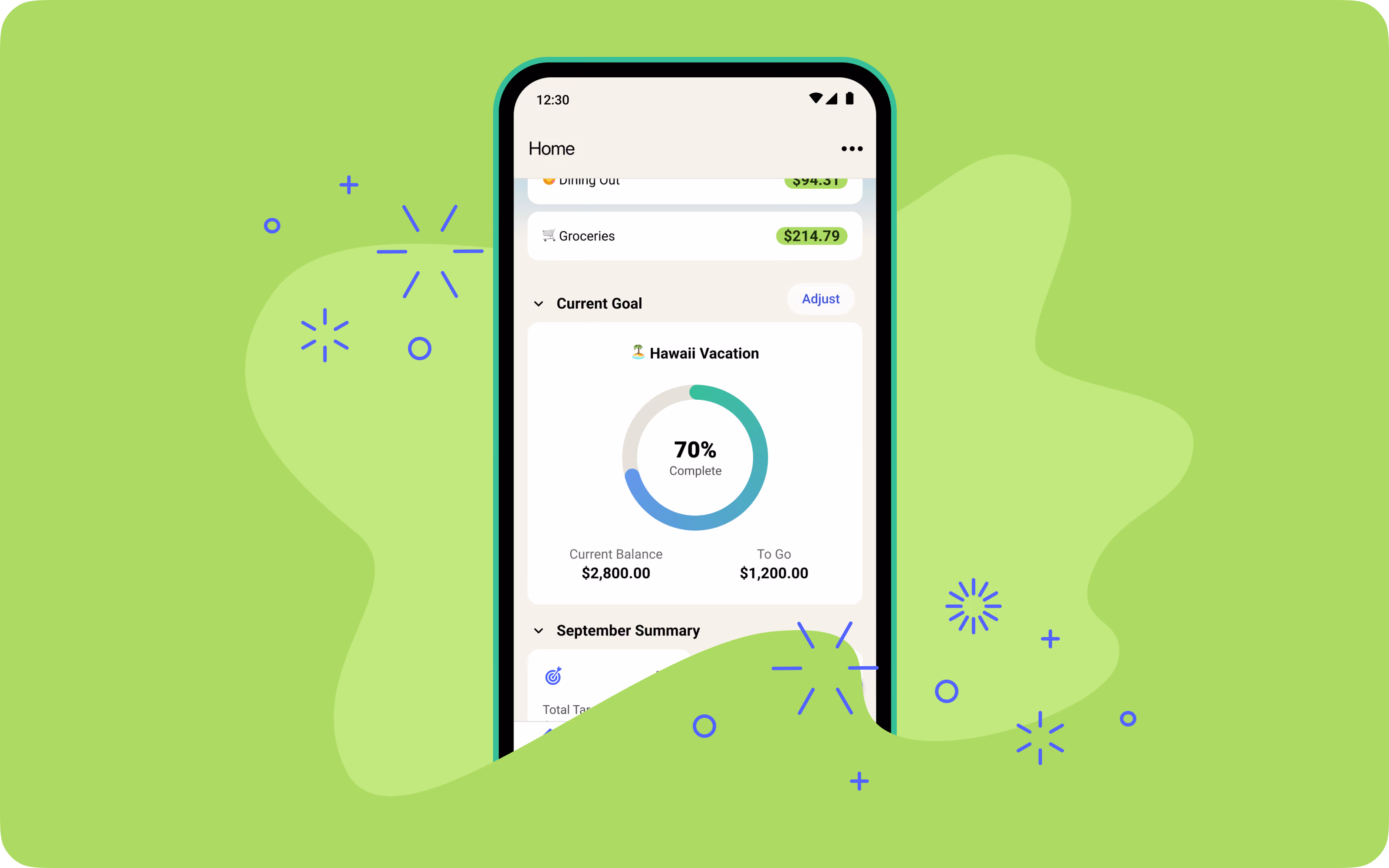 Android phone showing the YNAB Home screen with a Current Goal card for Hawaii Vacation, 70% complete. Current Balance is $2,800.00 and $1,200.00 is To Go.