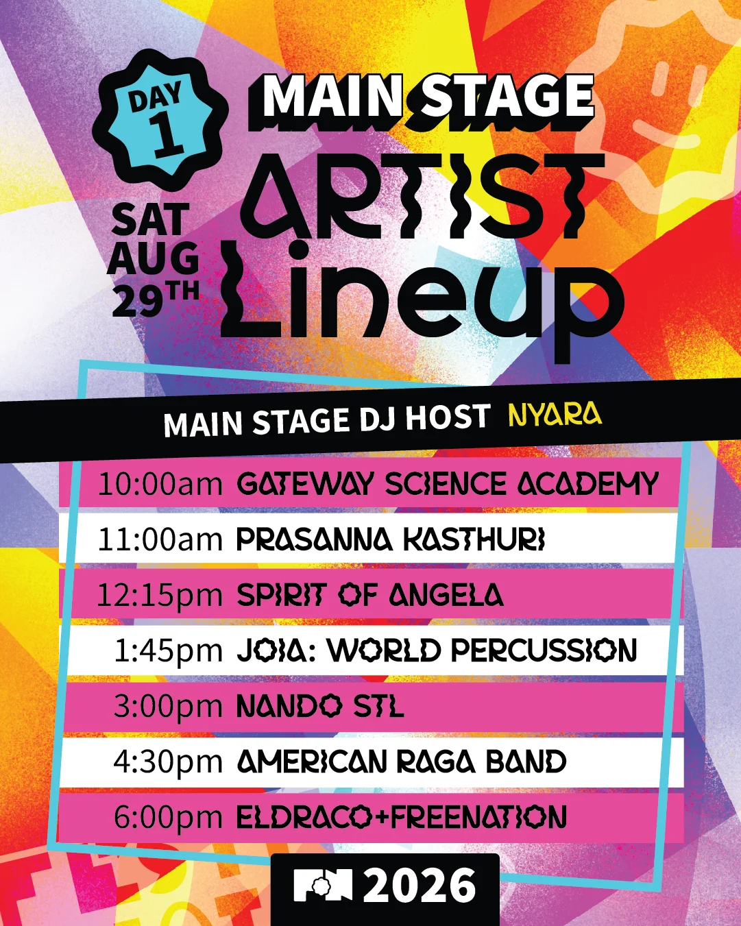 Festival of Nations 2026 Main Stage artist lineup poster, Saturday August 29