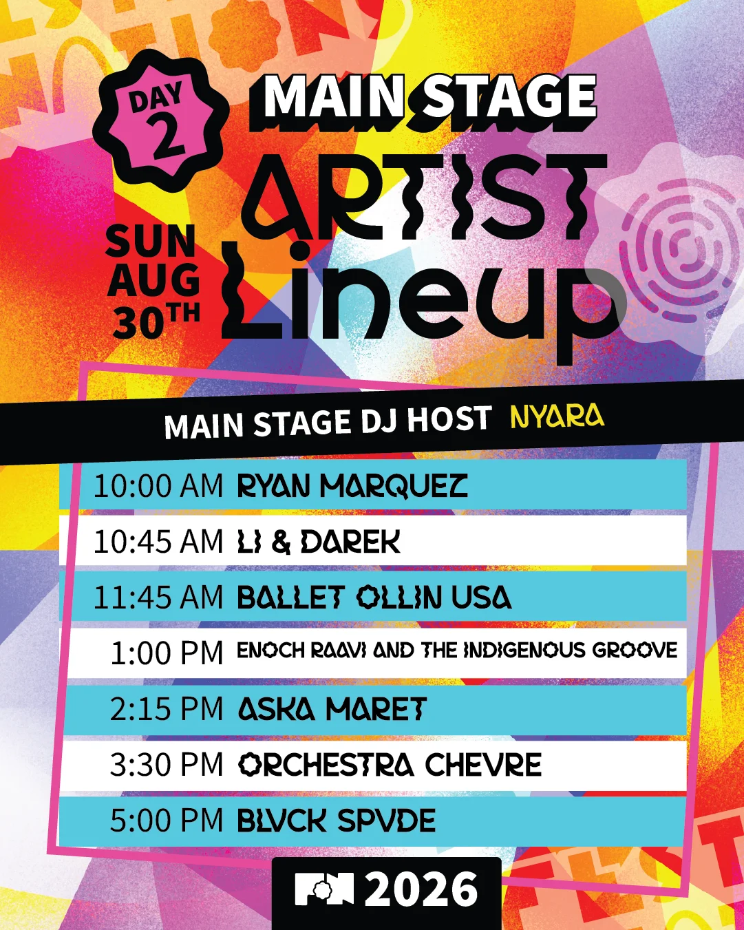 Festival of Nations 2026 Main Stage artist lineup poster, Sunday August 30