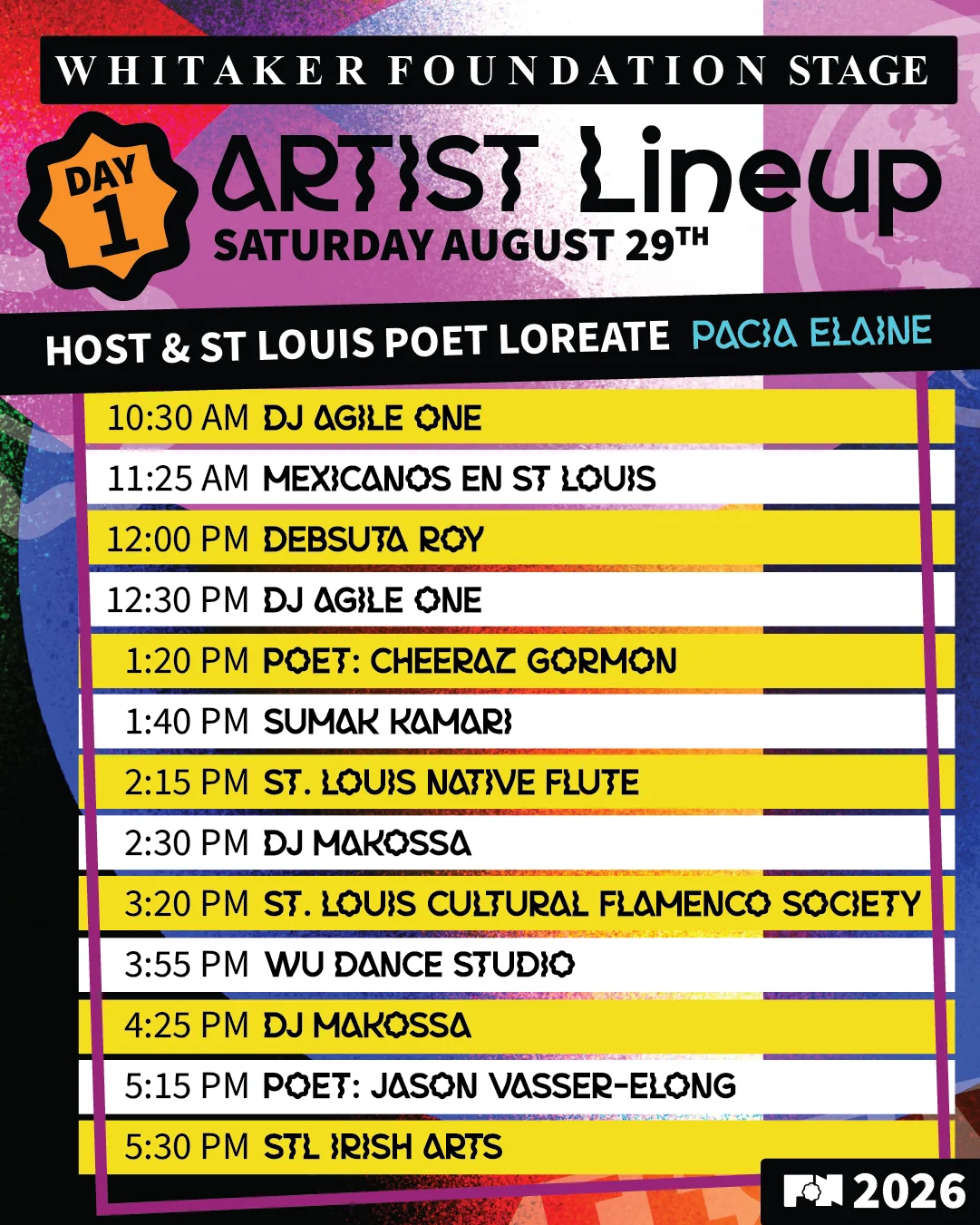 Festival of Nations 2026 Whitaker Foundation Stage artist lineup poster, Saturday August 29
