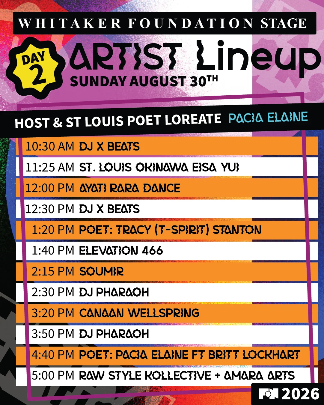 Festival of Nations 2026 Whitaker Foundation Stage artist lineup poster, Sunday August 30