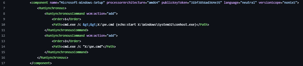 Figure 1. unattend.xml file used by Nightmare Eclipse to invoke command prompt (CMD) terminal.