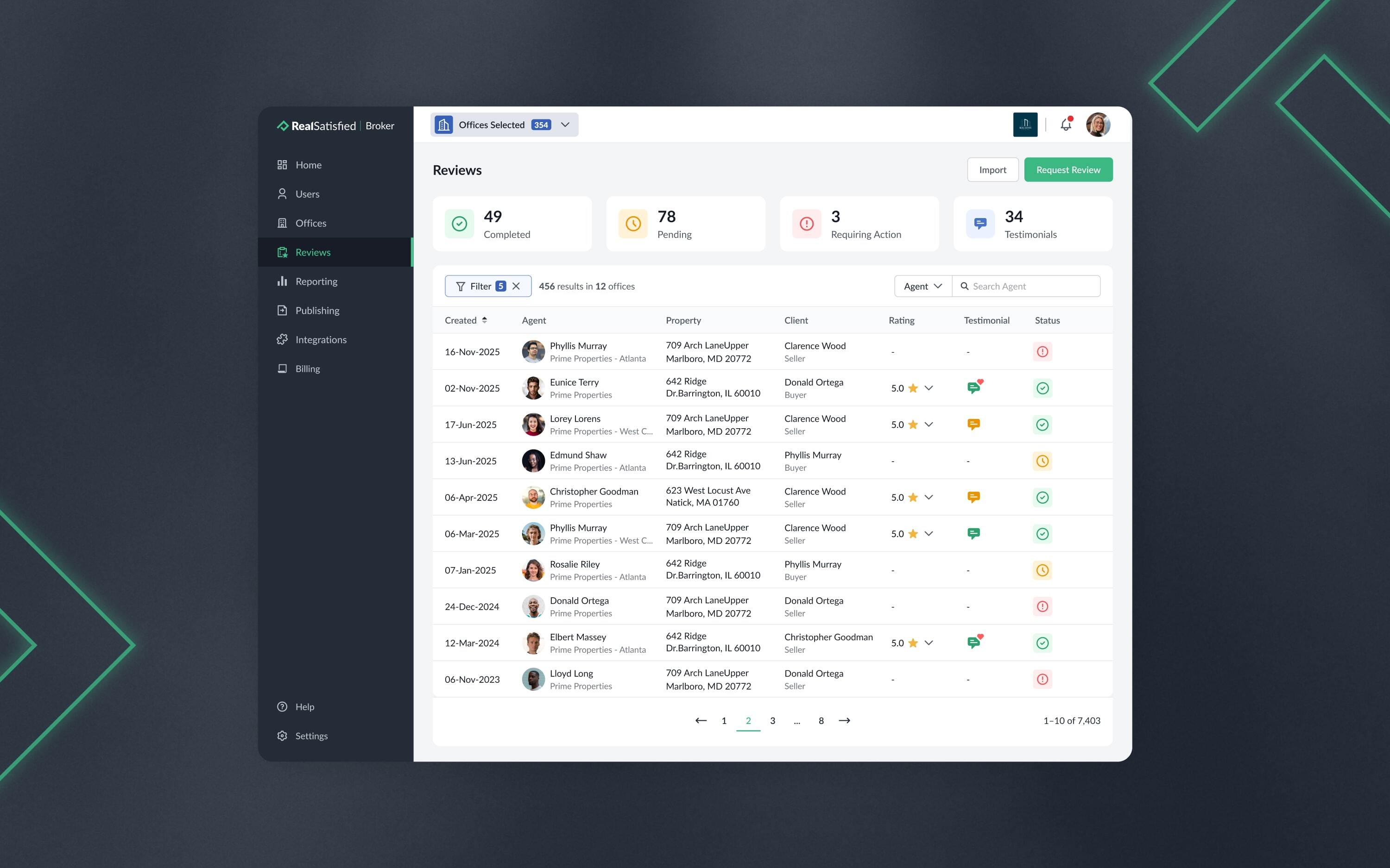 The 'Reviews' section of the new Broker Dashboard.