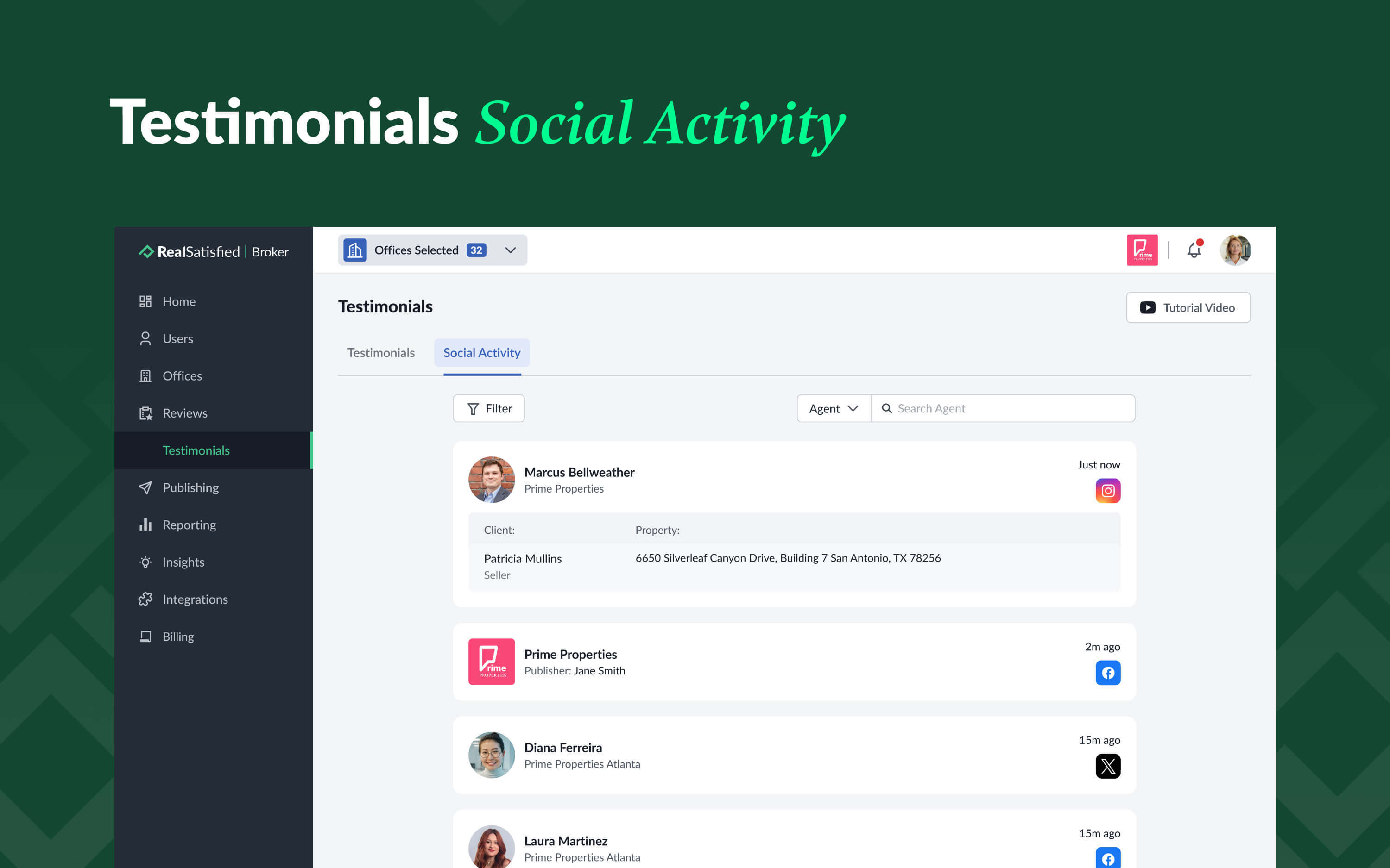 Social Activity tab in the Testimonials section.
