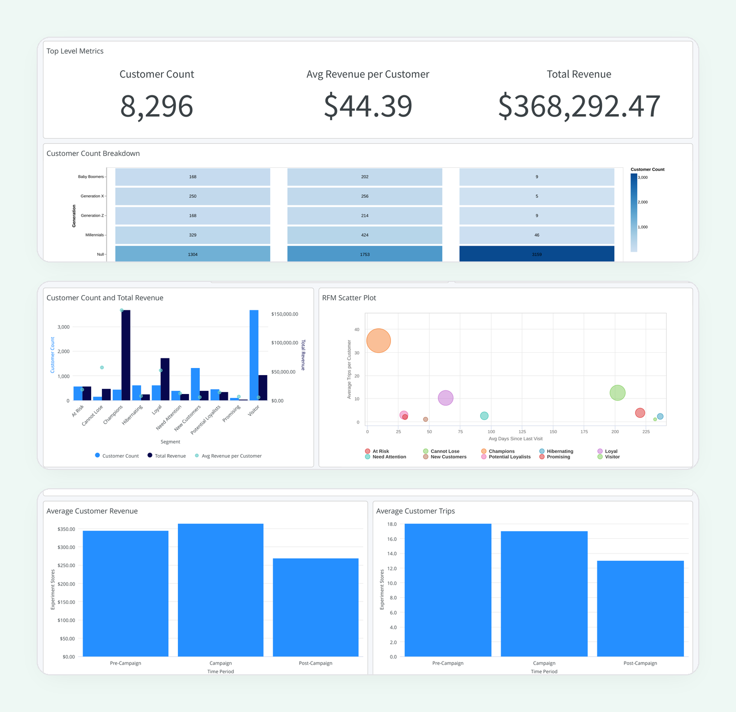 Bridge Marketing dashboards showing customer demographics, segmentation, and campaign performance