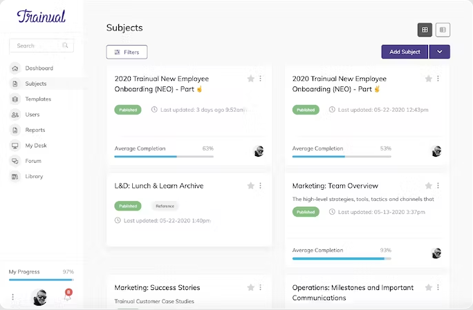 Trainual dashboard with employee training modules