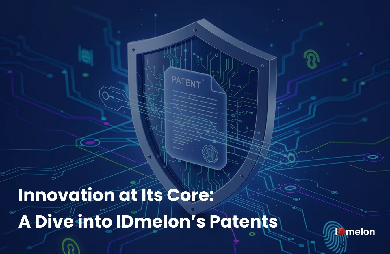 A shield protects a patent document, symbolizing digital innovation and intellectual property. The text reads: "Innovation at Its Core: A Dive into IDmelon's Patents."