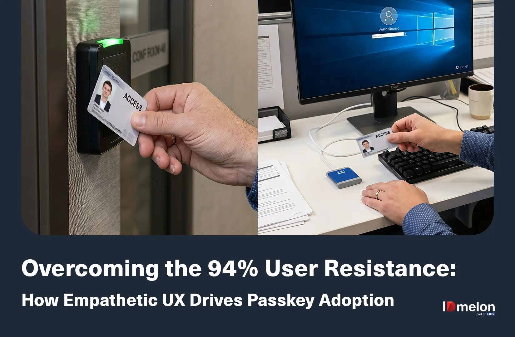 Blog banner by IDmelon showing a person using a physical access badge on a wall-mounted door reader and a desktop computer reader.