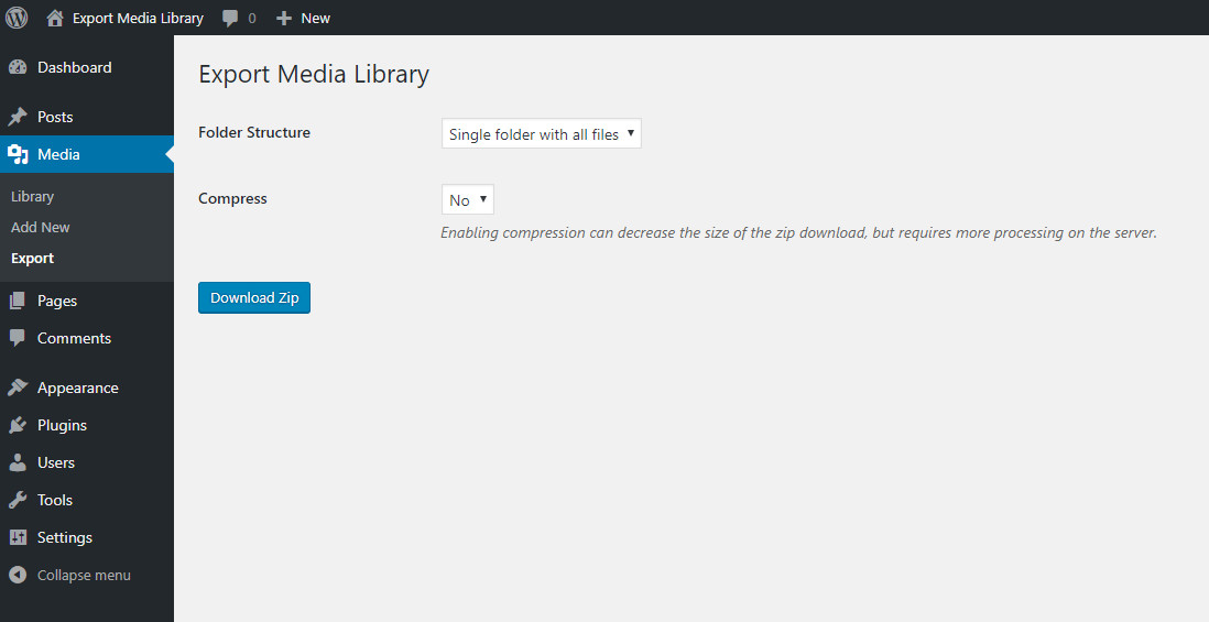 WordPress Export Media Library interface showing options for folder structure and compression before downloading