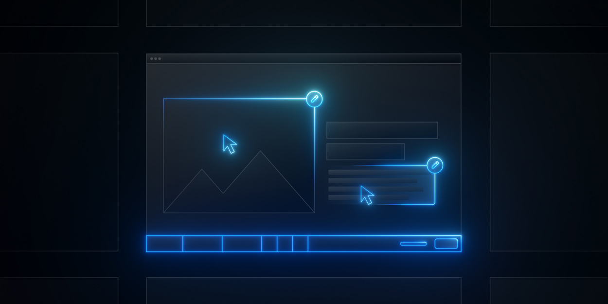 Neon blue wireframe of website interface with graph, cursor icons, and edit buttons on dark background.